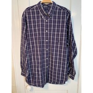 Nautica Blue Windowpane Plaid Men's Shirt / Classic Cotton Button Down / Size L
